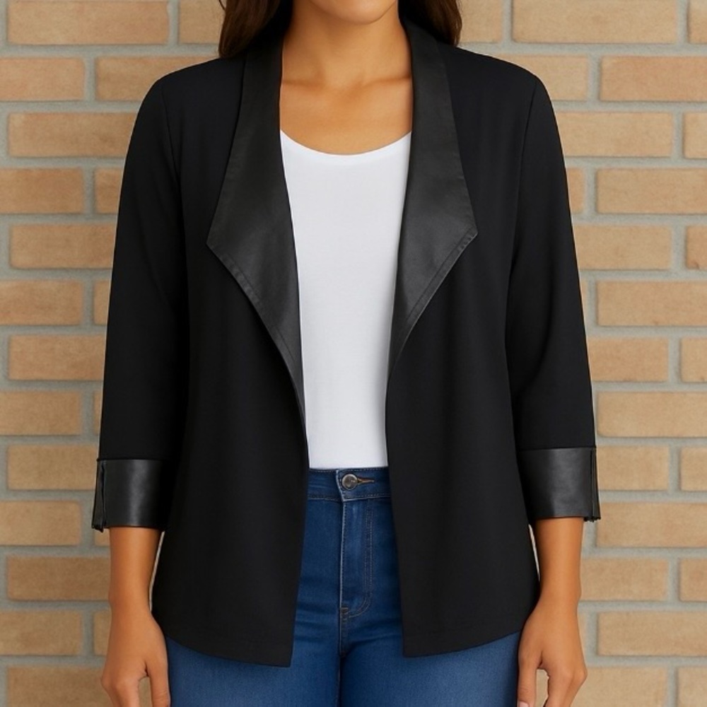 Chico’s Easywear Black Open-Front Jacket Faux Leather Trim And Zippered Cuffs L